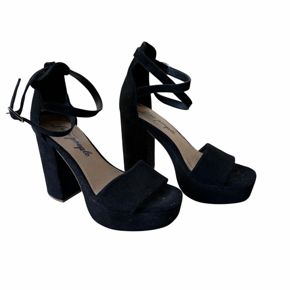 Free People Black Suede Platform Block Heel Ankle Strap Sandals EU 37 US 7 - Picture 1 of 14